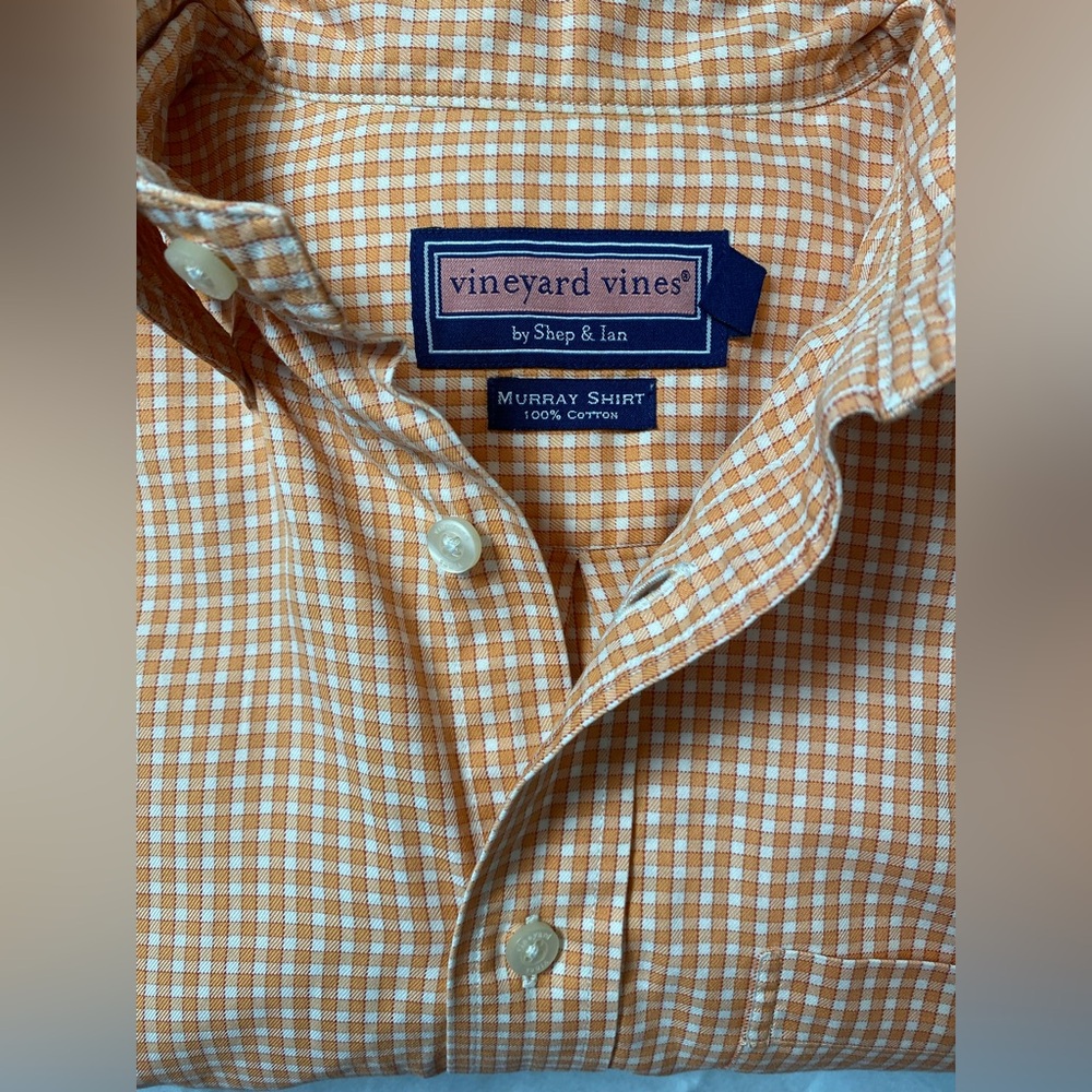 Men’s ‘Vineyard Vines’ Orange/White Plaid Button-Down Long Sleeve Shirt- Size S